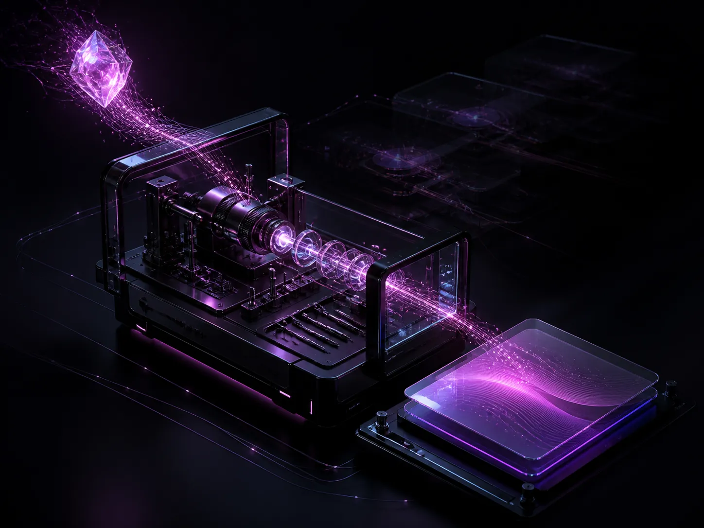 Atelier de précision futuriste transformant directement une matière lumineuse en objet numérique