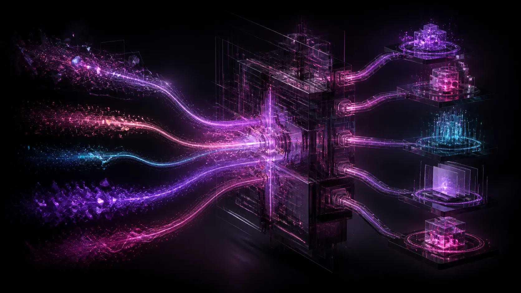 Architecture numérique en verre transformant plusieurs flux lumineux en résultats distincts